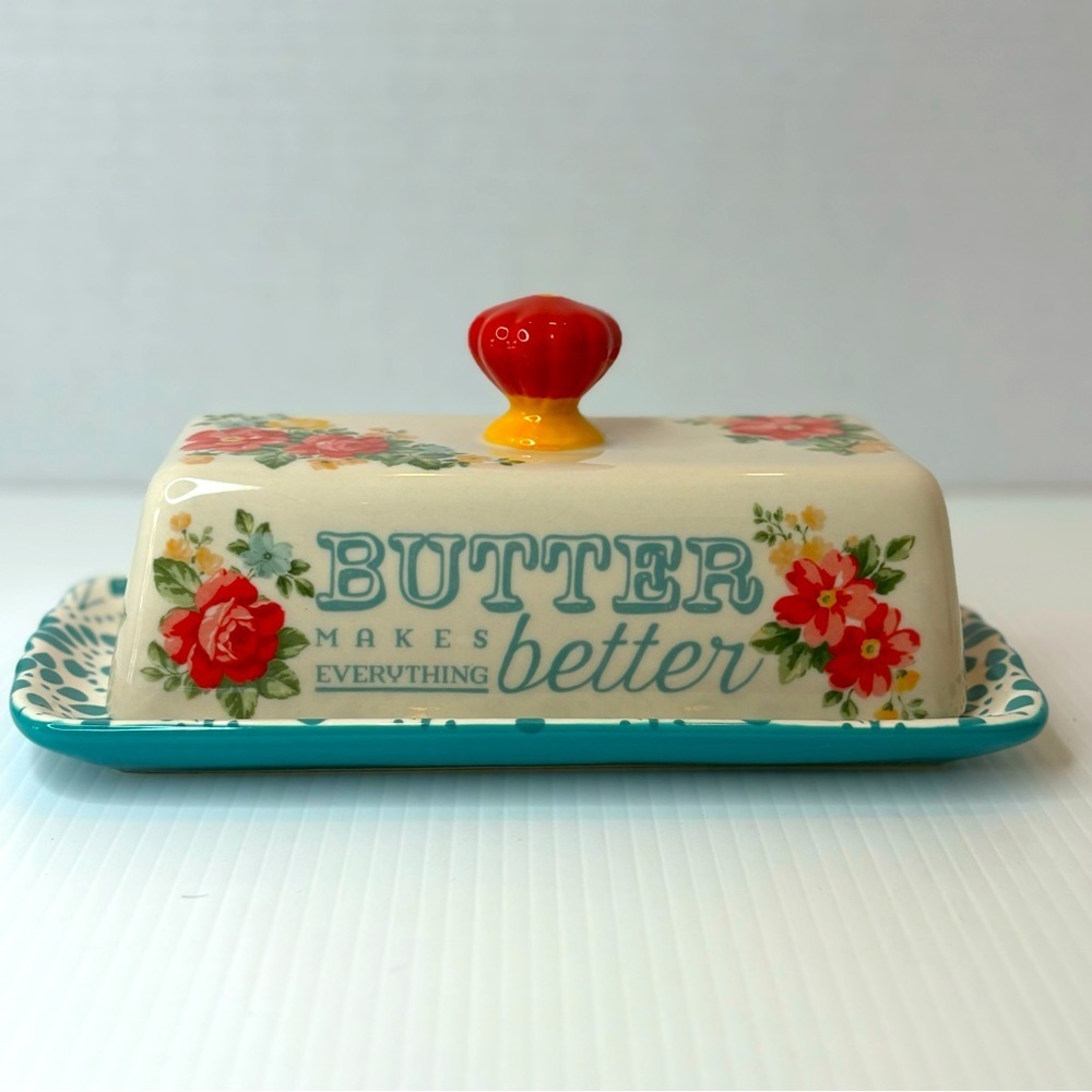 Pioneer Woman Butter Dish Floral Covered Stoneware Lid Kitchen Farmhouse